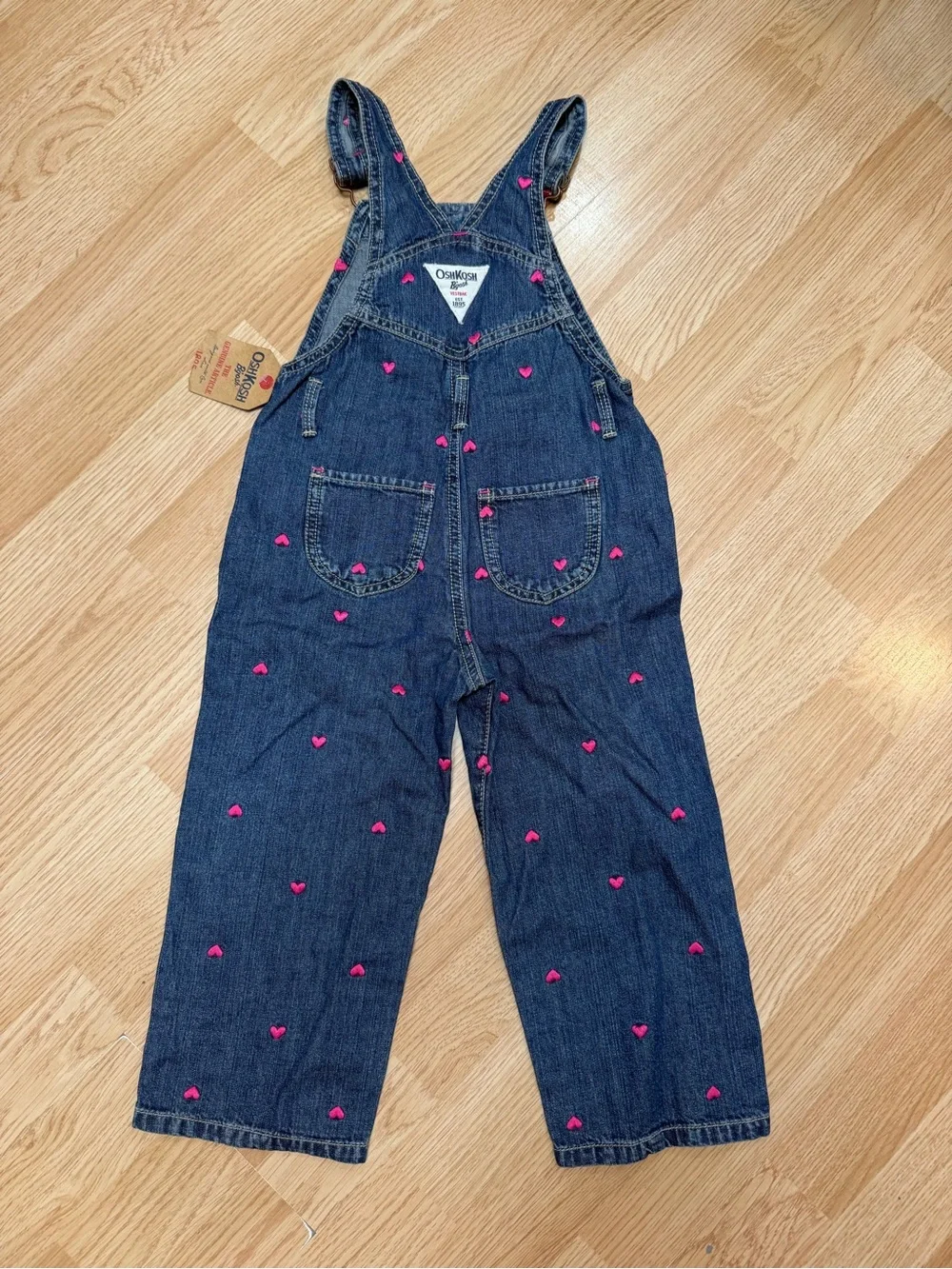 NWT OshKosh B’gosh Girls 3T Denim Overalls Pink Hearts Embroidered Jean Bib